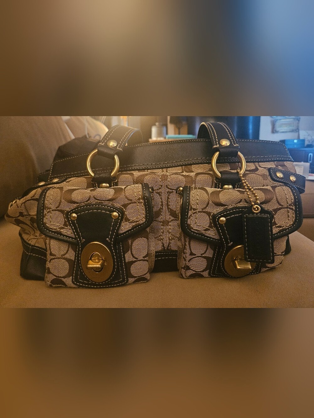 Coach Signature Canvas Shoulder Bag in Brown and Black with Gold Hardware